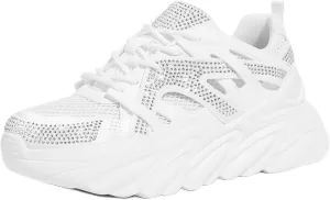 LUCKY STEP Women's Chunky Rhinestone Fashion Sneakers | Sparkly Platform Thick Dad Rave Mesh Walking Shoes