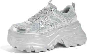 LUCKY STEP Women's Rhinestone Chunky Sneakers Breathable Lace-Up Platform Walking Sneakers Fashion Casual Dad Shoes