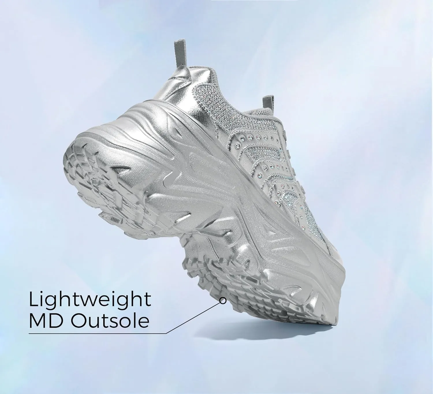 LUCKY STEP Women's Rhinestone Chunky Sneakers Breathable Lace-Up Platform Walking Sneakers Fashion Casual Dad Shoes