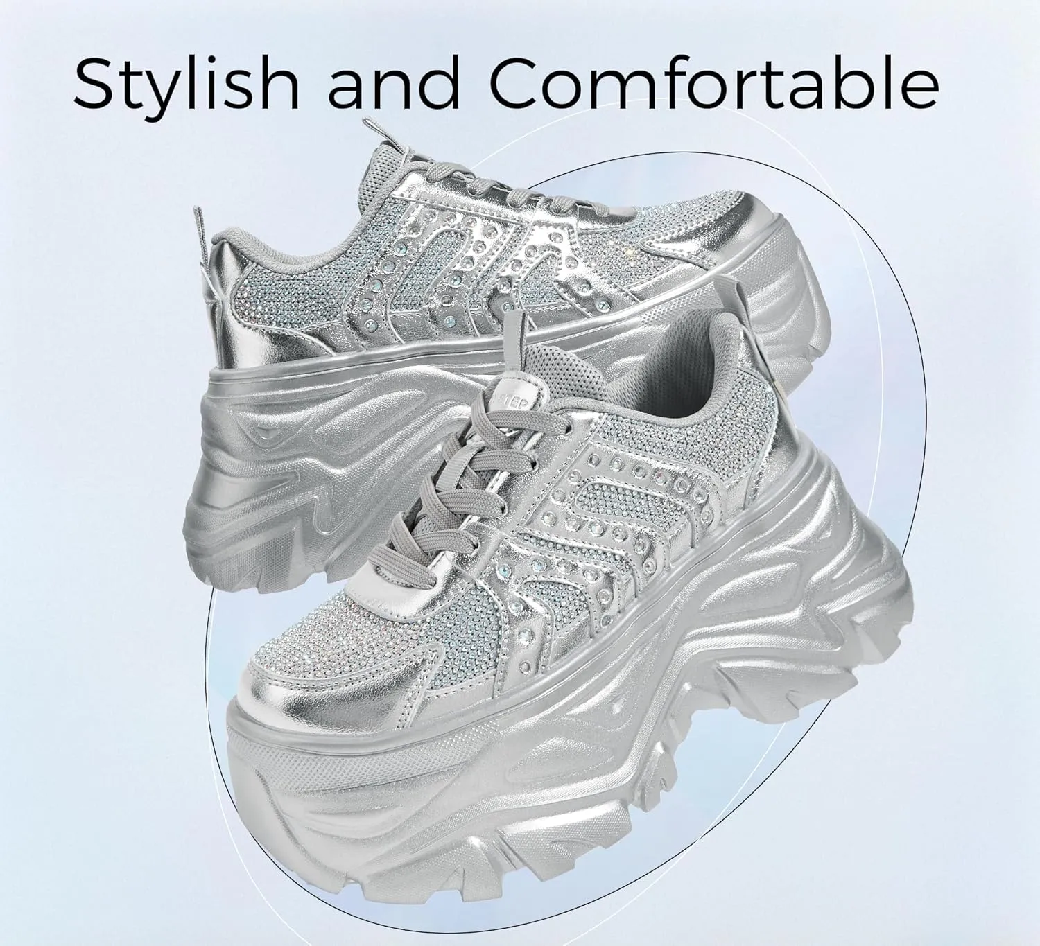 LUCKY STEP Women's Rhinestone Chunky Sneakers Breathable Lace-Up Platform Walking Sneakers Fashion Casual Dad Shoes