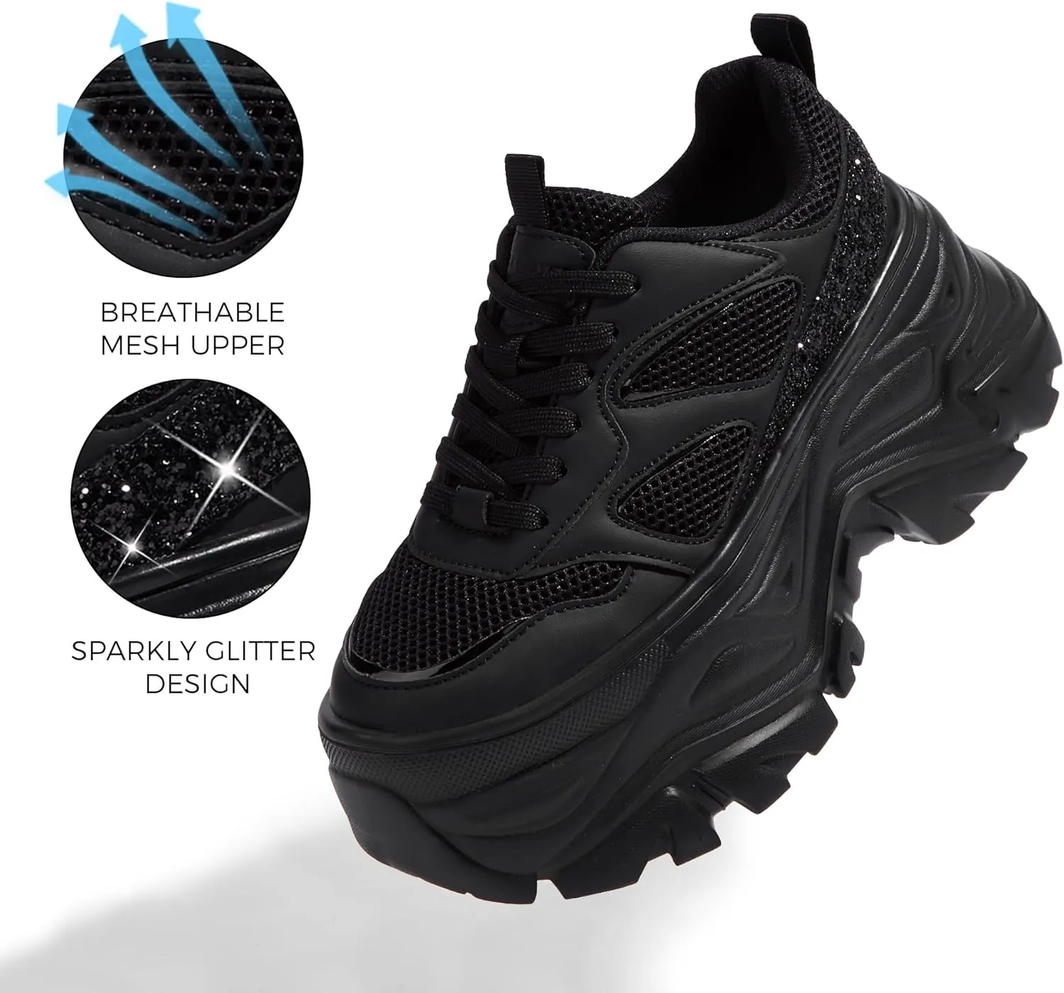 LUCKY STEP Women's Rhinestone Chunky Sneakers Breathable Lace-Up Platform Walking Sneakers Fashion Casual Dad Shoes
