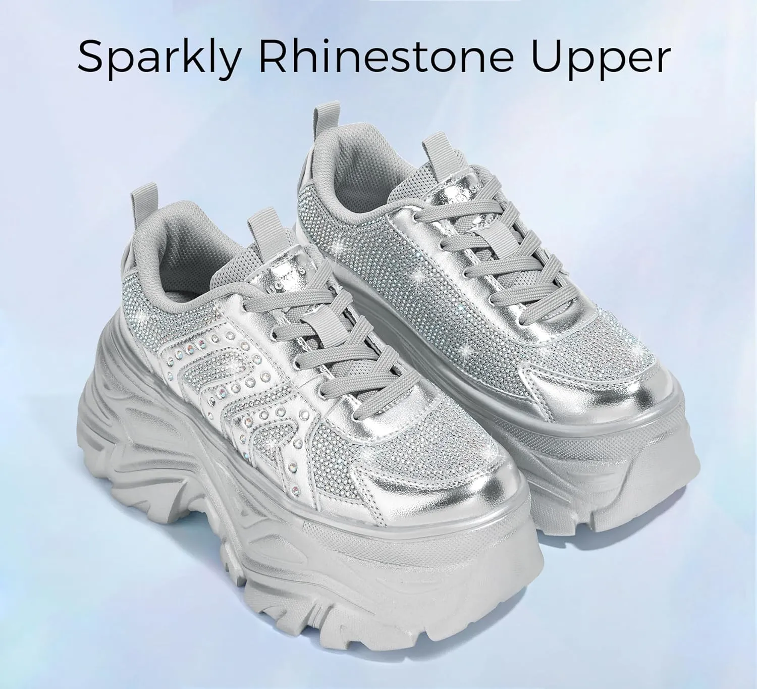 LUCKY STEP Women's Rhinestone Chunky Sneakers Breathable Lace-Up Platform Walking Sneakers Fashion Casual Dad Shoes