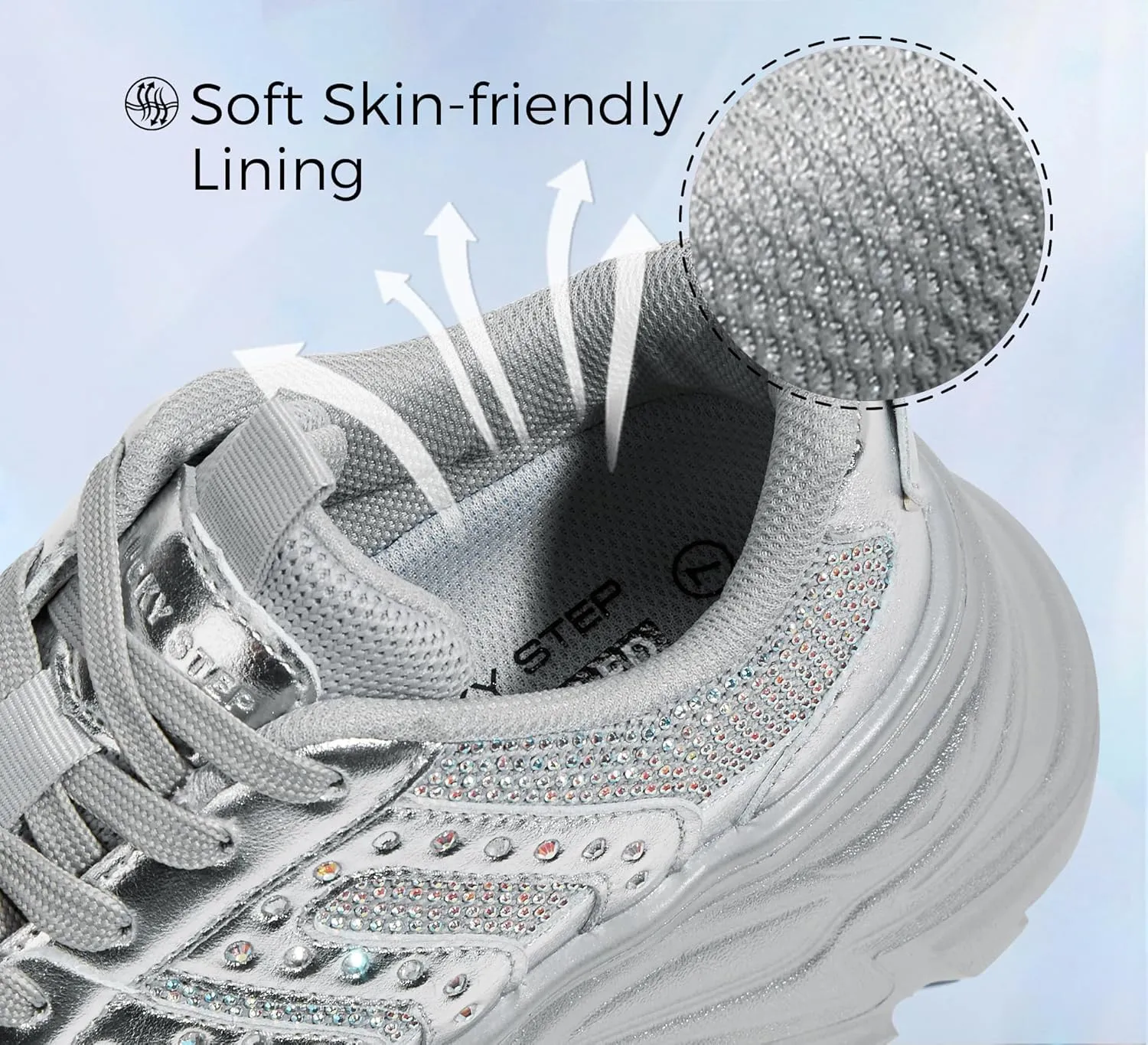 LUCKY STEP Women's Rhinestone Chunky Sneakers Breathable Lace-Up Platform Walking Sneakers Fashion Casual Dad Shoes