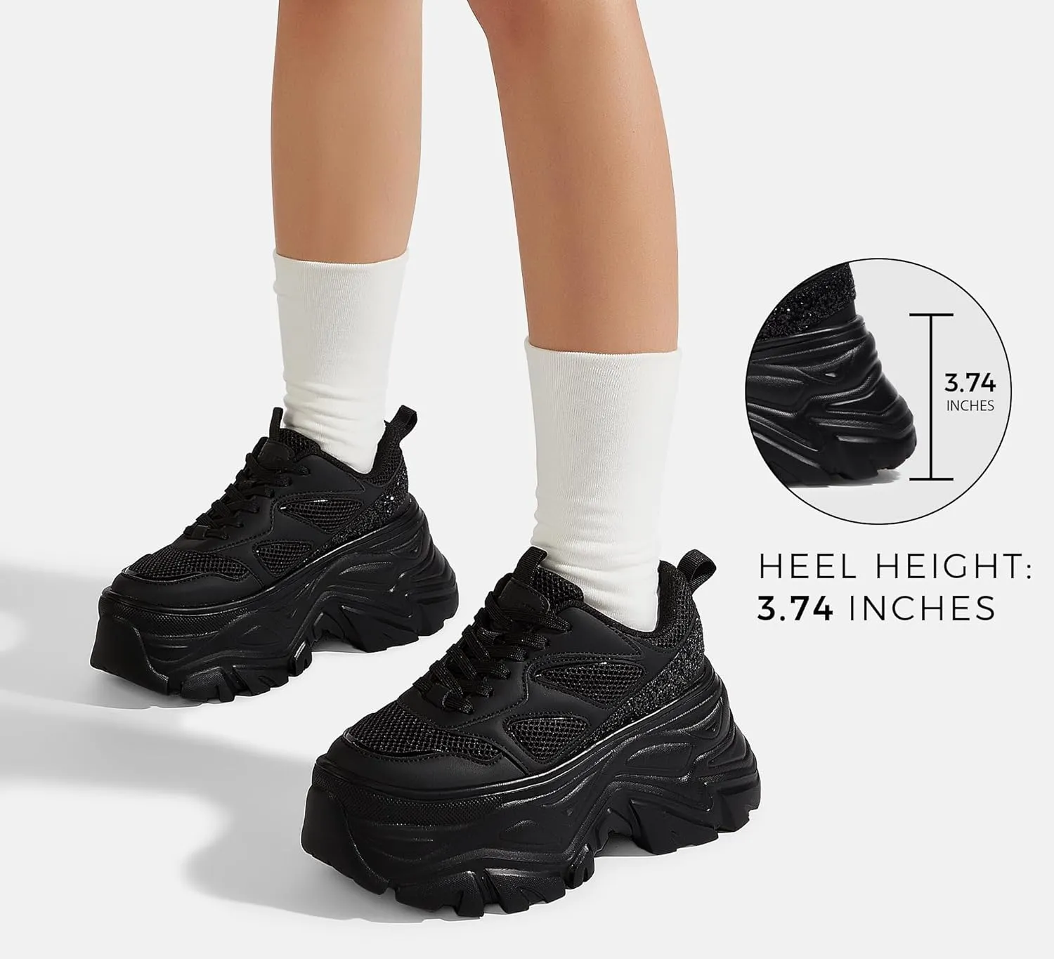 LUCKY STEP Women's Rhinestone Chunky Sneakers Breathable Lace-Up Platform Walking Sneakers Fashion Casual Dad Shoes