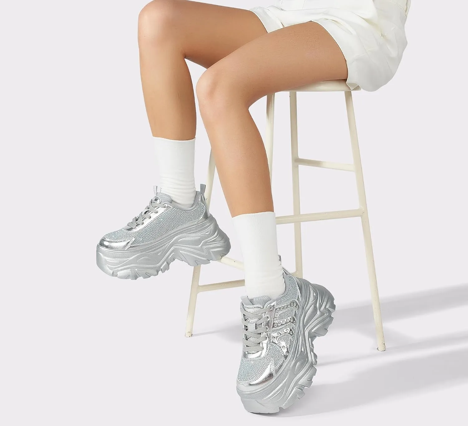 LUCKY STEP Women's Rhinestone Chunky Sneakers Breathable Lace-Up Platform Walking Sneakers Fashion Casual Dad Shoes