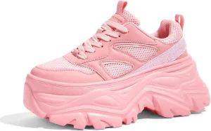 LUCKY STEP Women's Rhinestone Chunky Sneakers Breathable Lace-Up Platform Walking Sneakers Fashion Casual Dad Shoes
