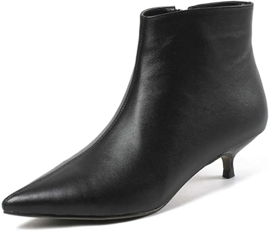 Lutalica W Women's Fashion Pointed Toe Matte Leather Zip Up Comfort Low Kitten Heel Dress Ankle Boots
