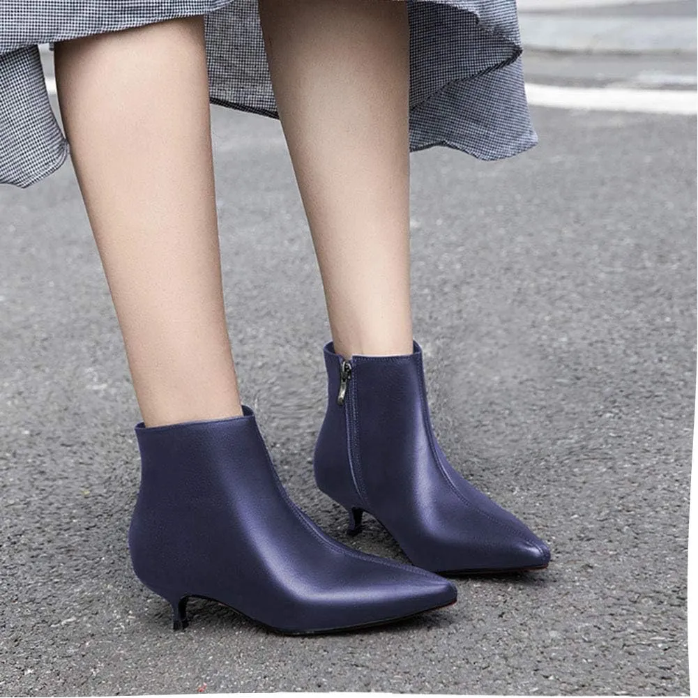 Lutalica W Women's Fashion Pointed Toe Matte Leather Zip Up Comfort Low Kitten Heel Dress Ankle Boots