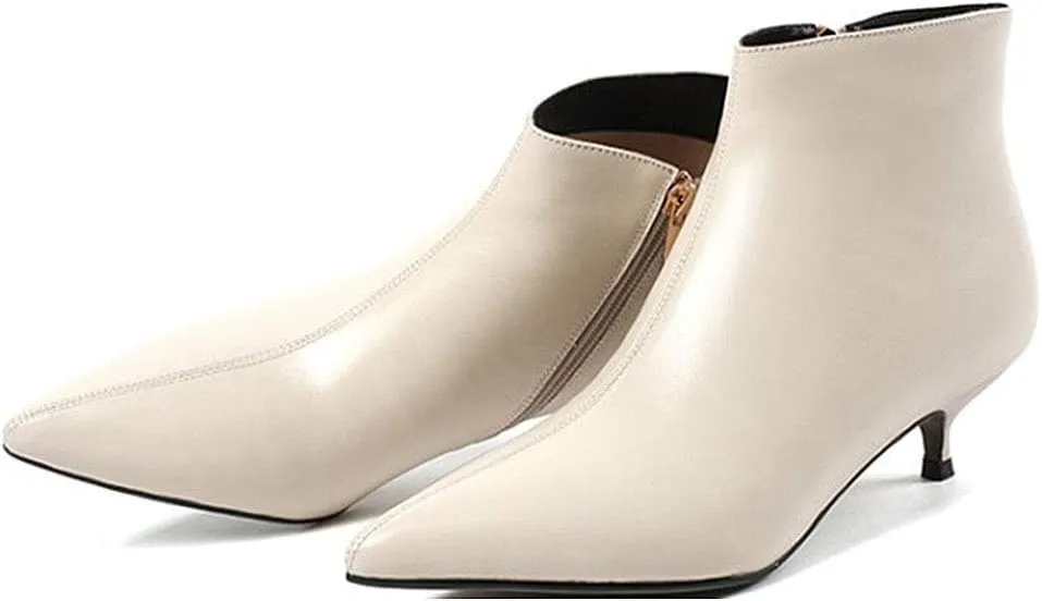 Lutalica W Women's Fashion Pointed Toe Matte Leather Zip Up Comfort Low Kitten Heel Dress Ankle Boots