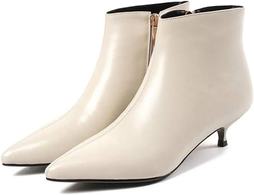 Lutalica W Women's Fashion Pointed Toe Matte Leather Zip Up Comfort Low Kitten Heel Dress Ankle Boots