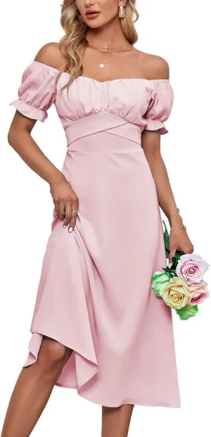 LYANER Women's Off Shoulder Wrap Ruffle Puff Short Sleeve Ruched Tie Back Dress