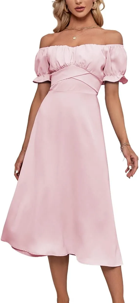 LYANER Women's Off Shoulder Wrap Ruffle Puff Short Sleeve Ruched Tie Back Dress