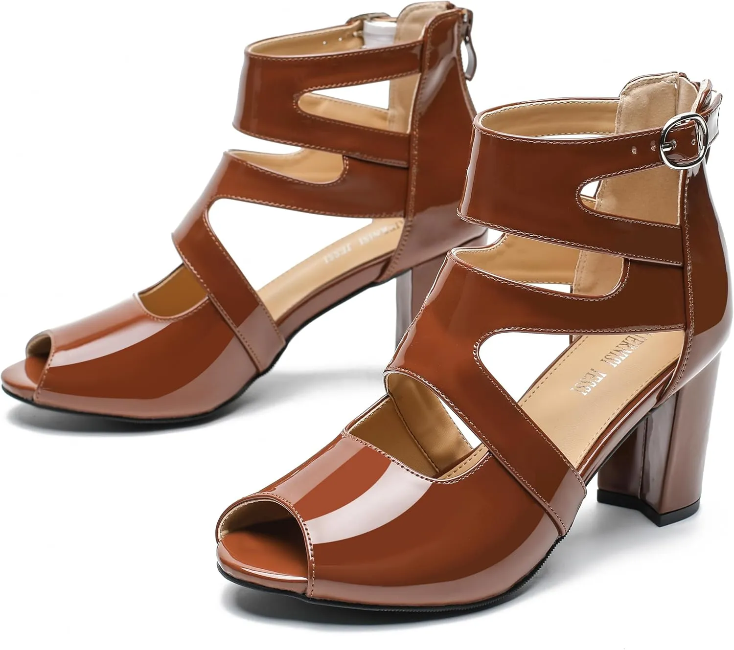 MAIERNISI JESSI Woman Gladiator Peep Toe Sandals Chunky Heels Hollow Out Zip Dress Sandals