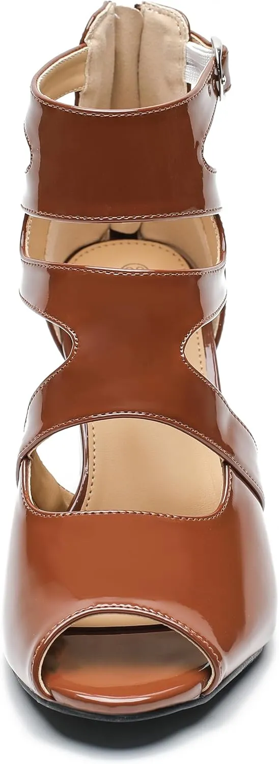 MAIERNISI JESSI Woman Gladiator Peep Toe Sandals Chunky Heels Hollow Out Zip Dress Sandals