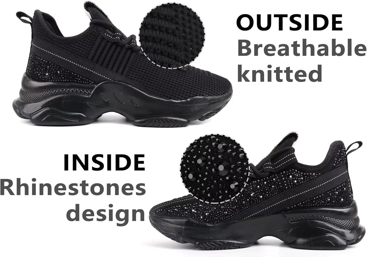 MAIITRIP Rhinestone Sneakers for Women,Glitter Mesh Knit Sparkly Shoes,Chunky Bling Sneakers Dressy