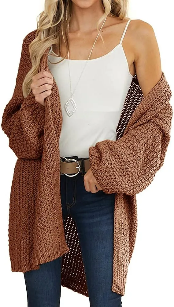 Maroway Womens Cardigan Solid Color Long Sleeve Open Front Chunky Knit Sweater Outwear