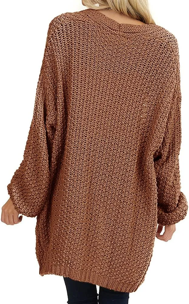 Maroway Womens Cardigan Solid Color Long Sleeve Open Front Chunky Knit Sweater Outwear