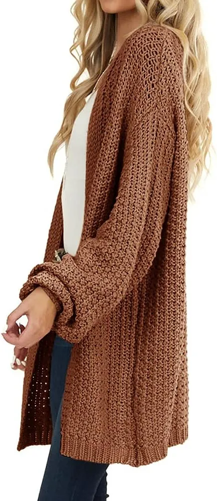Maroway Womens Cardigan Solid Color Long Sleeve Open Front Chunky Knit Sweater Outwear