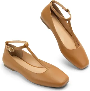 Mary Jane Flats for Women Square Toe Dress Shoes Adjustable T Strap Ballet Flats Comfortable Ankle Flats Work Party Office Wedding