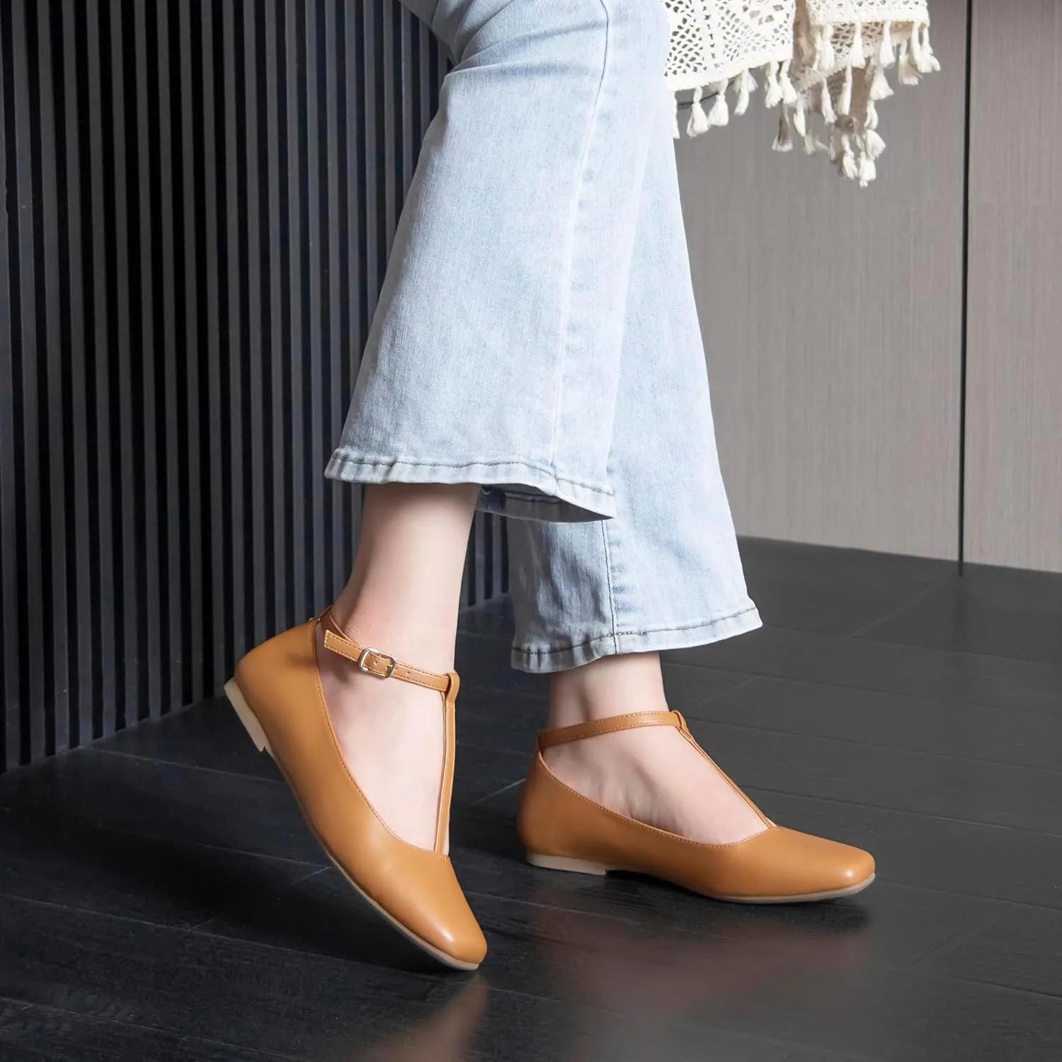 Mary Jane Flats for Women Square Toe Dress Shoes Adjustable T Strap Ballet Flats Comfortable Ankle Flats Work Party Office Wedding