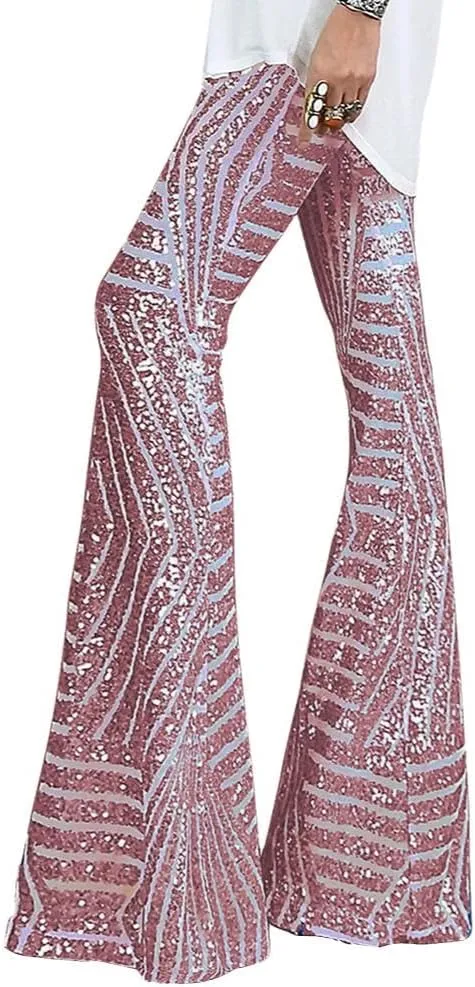 Melliflo Sequin Wide Leg Pants Glitter High Waisted Flare Leg Pants Party Club Dance Pants Night Out Bell Bottom Trousers