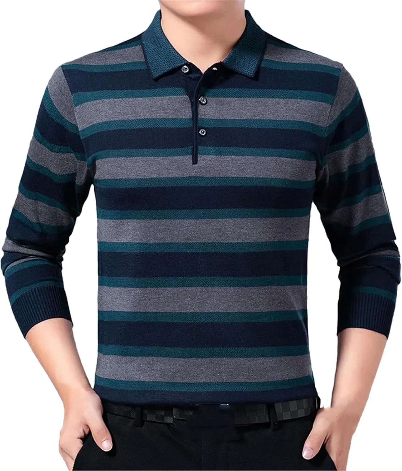 Men Fashion Designer Polo Shirt Neck Shirt Business Striped Casual Long Sleeve Tops Clothes