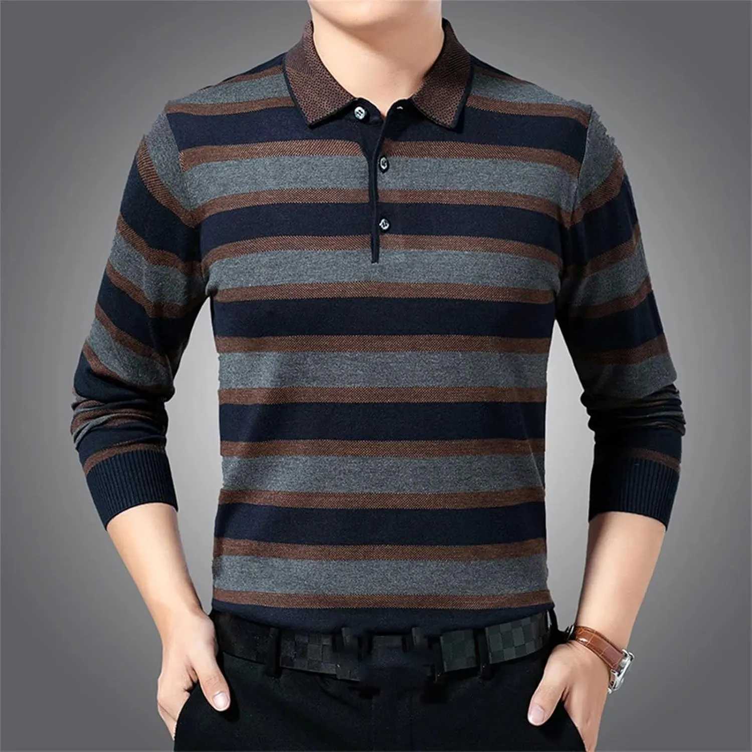 Men Fashion Designer Polo Shirt Neck Shirt Business Striped Casual Long Sleeve Tops Clothes