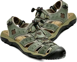 Mens Adjustable Hiking Sandals Leather Outdoor Summer Beach Fisherman Water Shoes Casual Closed Toe Walking Trekking Sandals