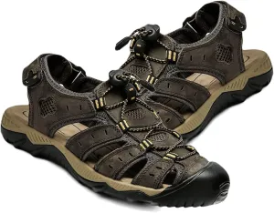 Mens Adjustable Hiking Sandals Leather Outdoor Summer Beach Fisherman Water Shoes Casual Closed Toe Walking Trekking Sandals