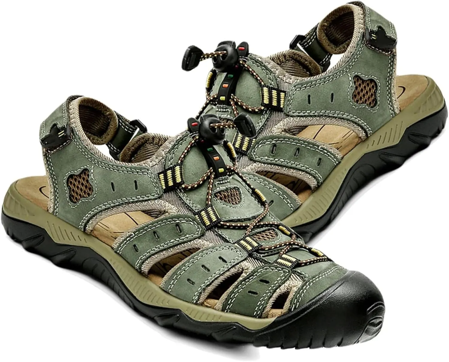 Mens Adjustable Hiking Sandals Leather Outdoor Summer Beach Fisherman Water Shoes Casual Closed Toe Walking Trekking Sandals