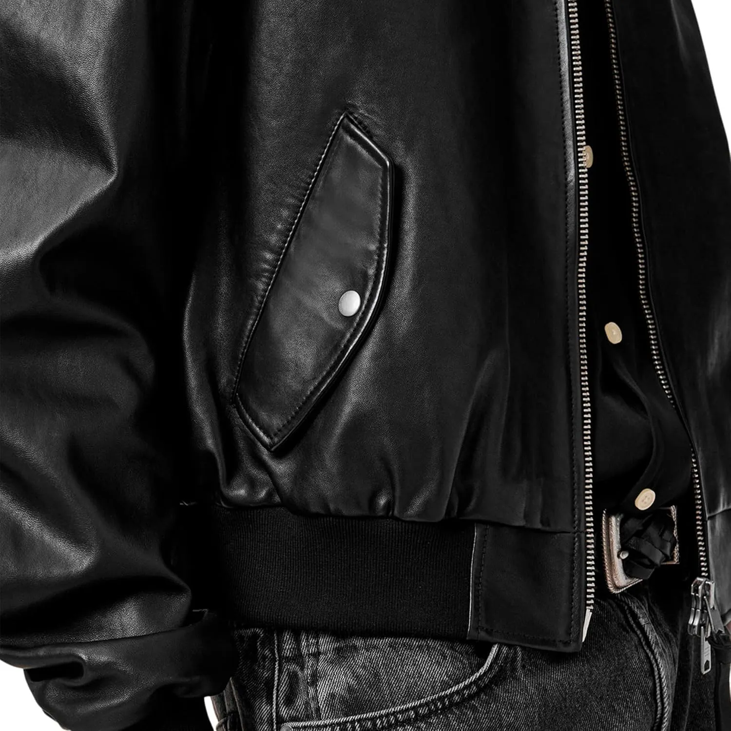 Men's Black Leather Bomber Jacket – Classic Zip-Up Aviator Coat – Genuine Leather Flight Jacket with Ribbed Hem & Cuffs