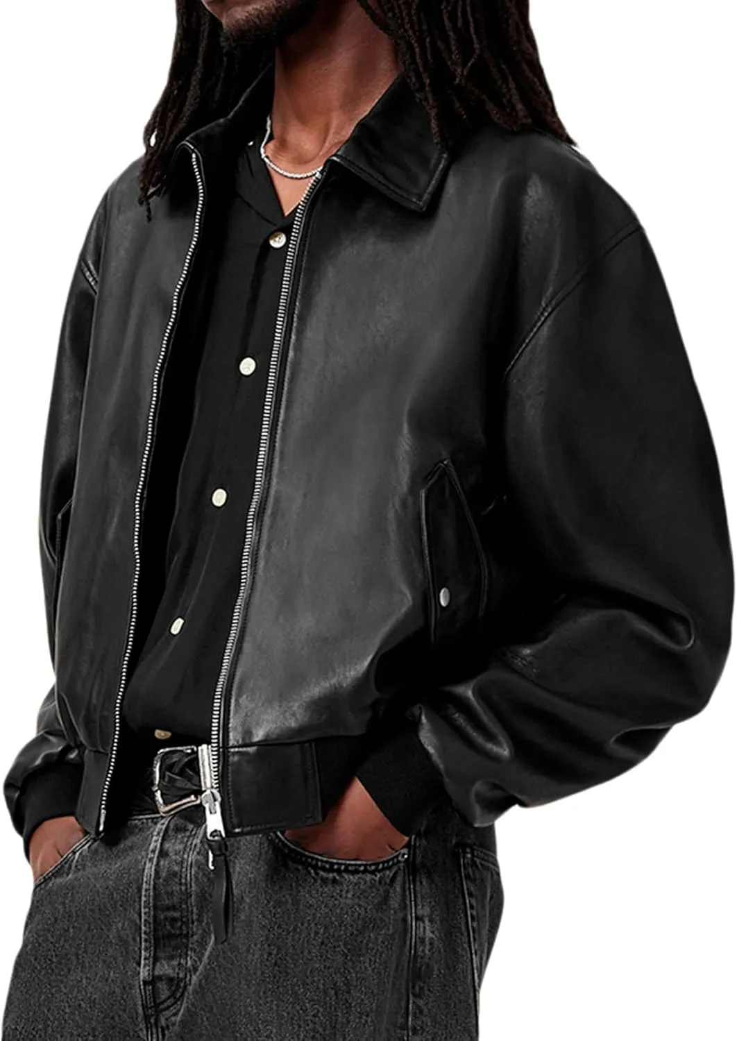 Men's Black Leather Bomber Jacket – Classic Zip-Up Aviator Coat – Genuine Leather Flight Jacket with Ribbed Hem & Cuffs