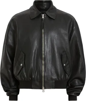 Men's Black Leather Bomber Jacket – Classic Zip-Up Aviator Coat – Genuine Leather Flight Jacket with Ribbed Hem & Cuffs