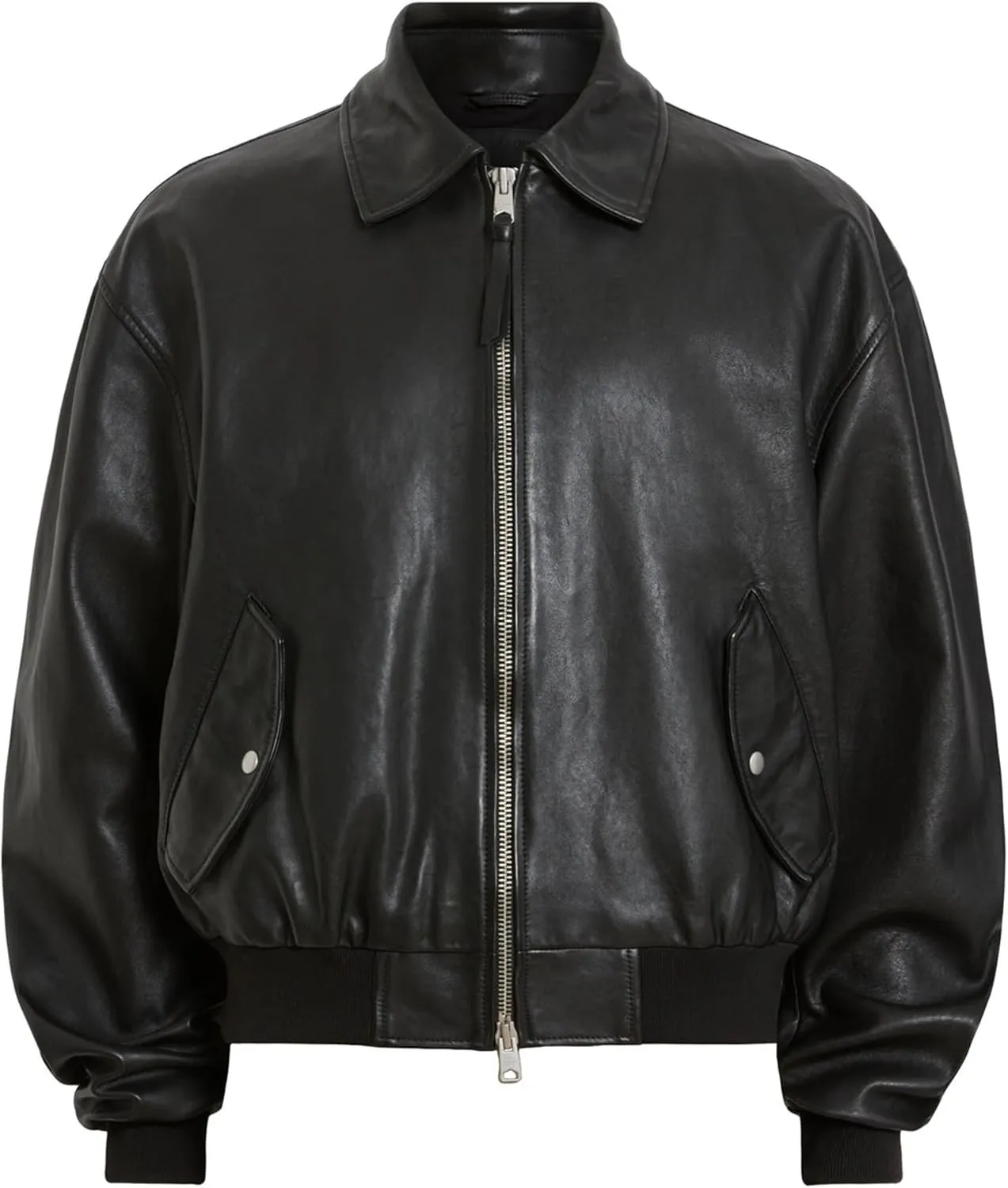 Men's Black Leather Bomber Jacket – Classic Zip-Up Aviator Coat – Genuine Leather Flight Jacket with Ribbed Hem & Cuffs