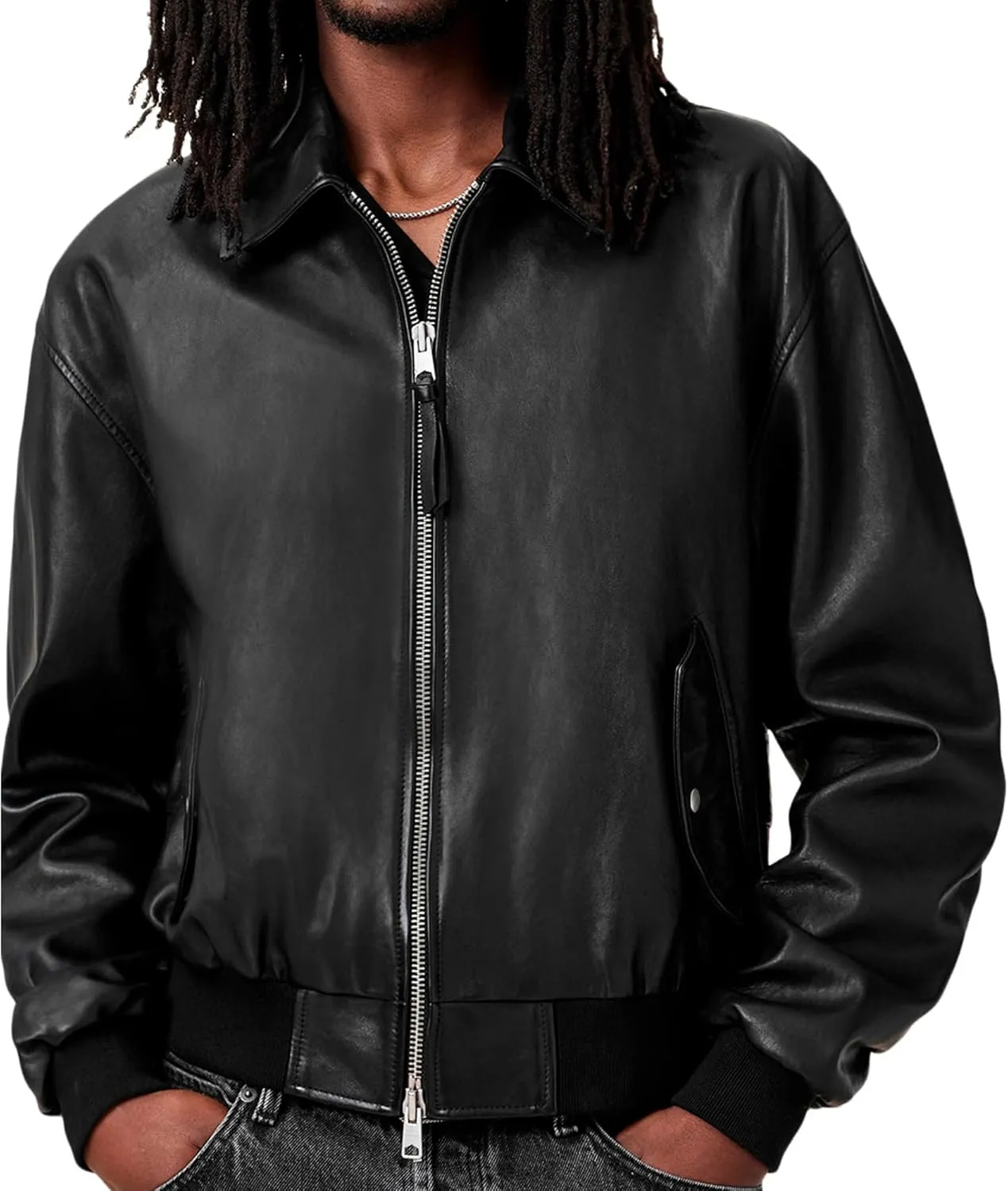 Men's Black Leather Bomber Jacket – Classic Zip-Up Aviator Coat – Genuine Leather Flight Jacket with Ribbed Hem & Cuffs