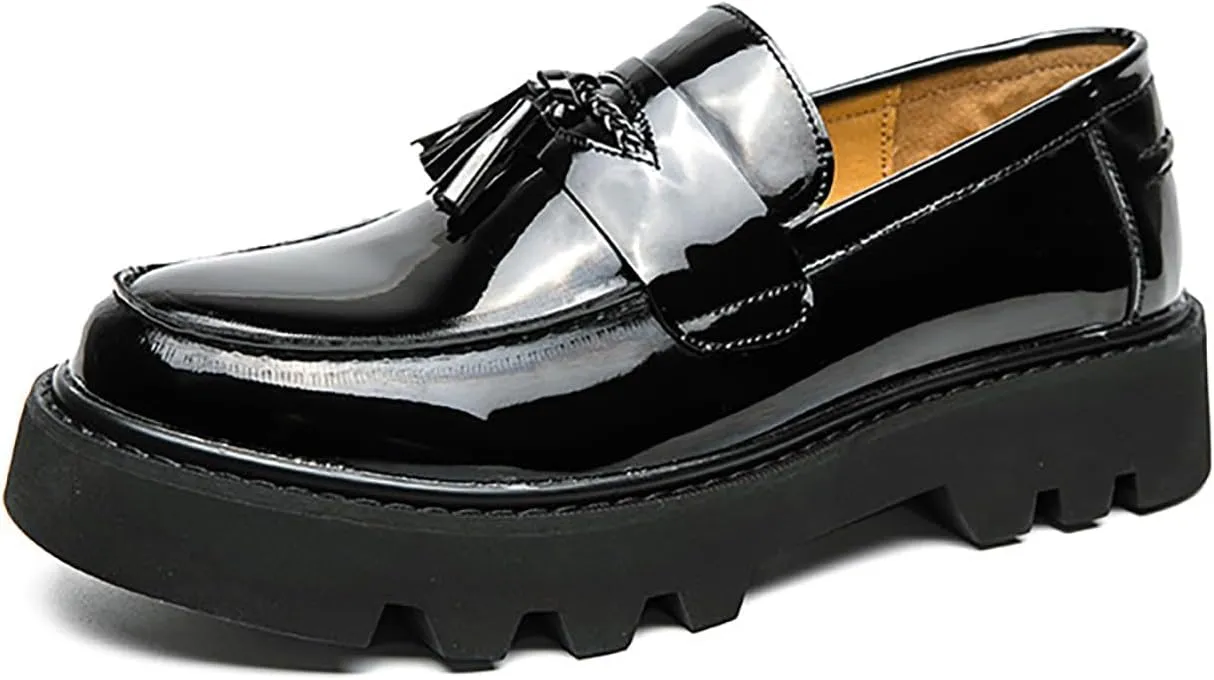 Men's Black Patent Leather Platform Loafers Slip-On Dress Shoes with Tassel, Non-Slip Lug Sole Round Toe Penny Formal Shoes for Business Work & Daily