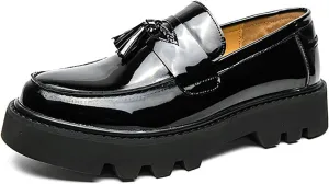 Men's Black Patent Leather Platform Loafers Slip-On Dress Shoes with Tassel, Non-Slip Lug Sole Round Toe Penny Formal Shoes for Business Work & Daily