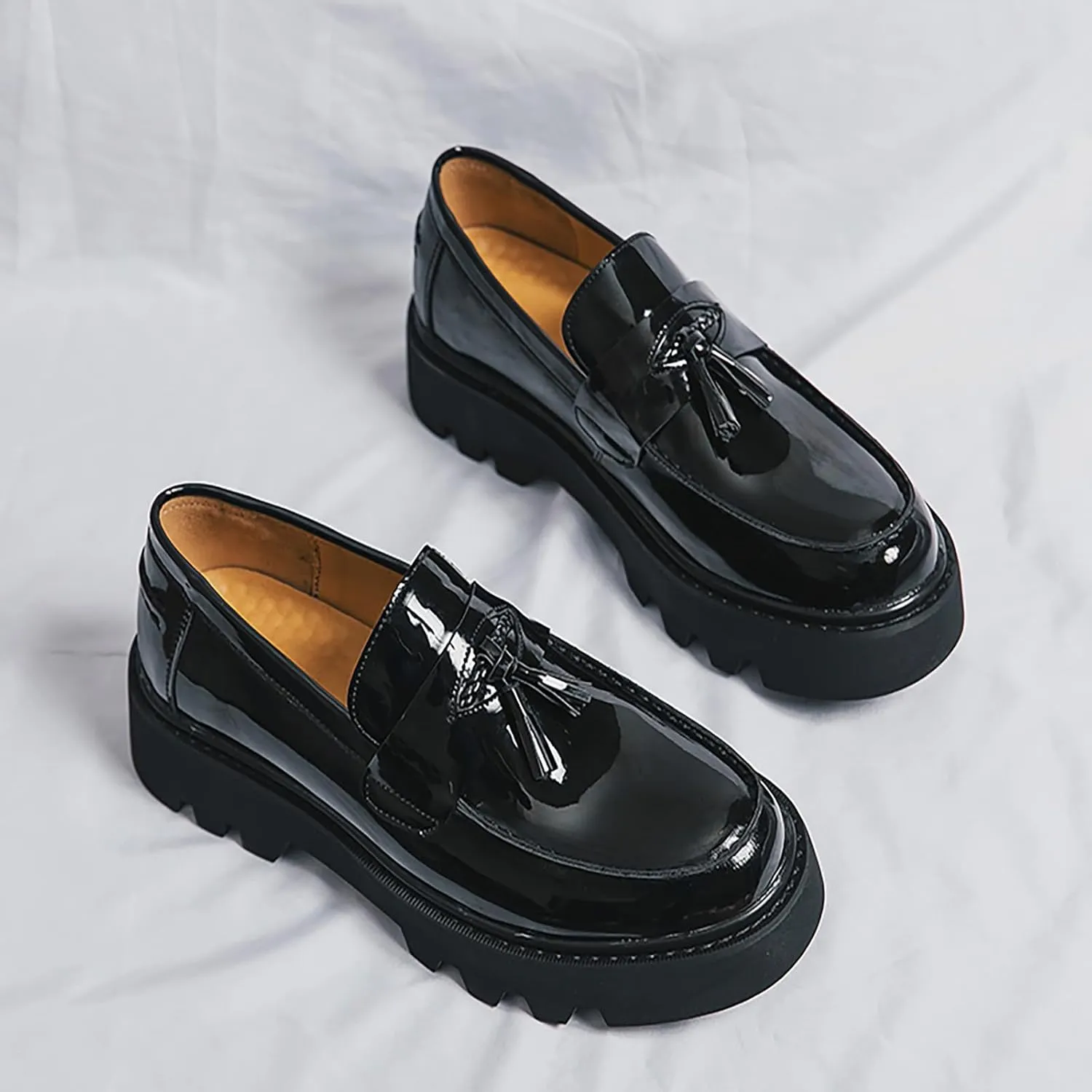 Men's Black Patent Leather Platform Loafers Slip-On Dress Shoes with Tassel, Non-Slip Lug Sole Round Toe Penny Formal Shoes for Business Work & Daily