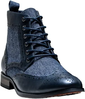 Men’s Casual Ankle Lace Up Boots Leather and Tweed Brogue Shoes