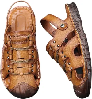 Mens Casual Leather Sandals Closed Toe Beach Slippers Shoes Summer Hiking Trekking Sandals