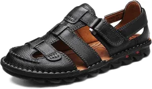 Mens Casual Walking Sandals Closed Toe Sports Outdoor Leather Sandals Summer Sandals for Hiking Trekking Driving Beach Shoes Waterproof