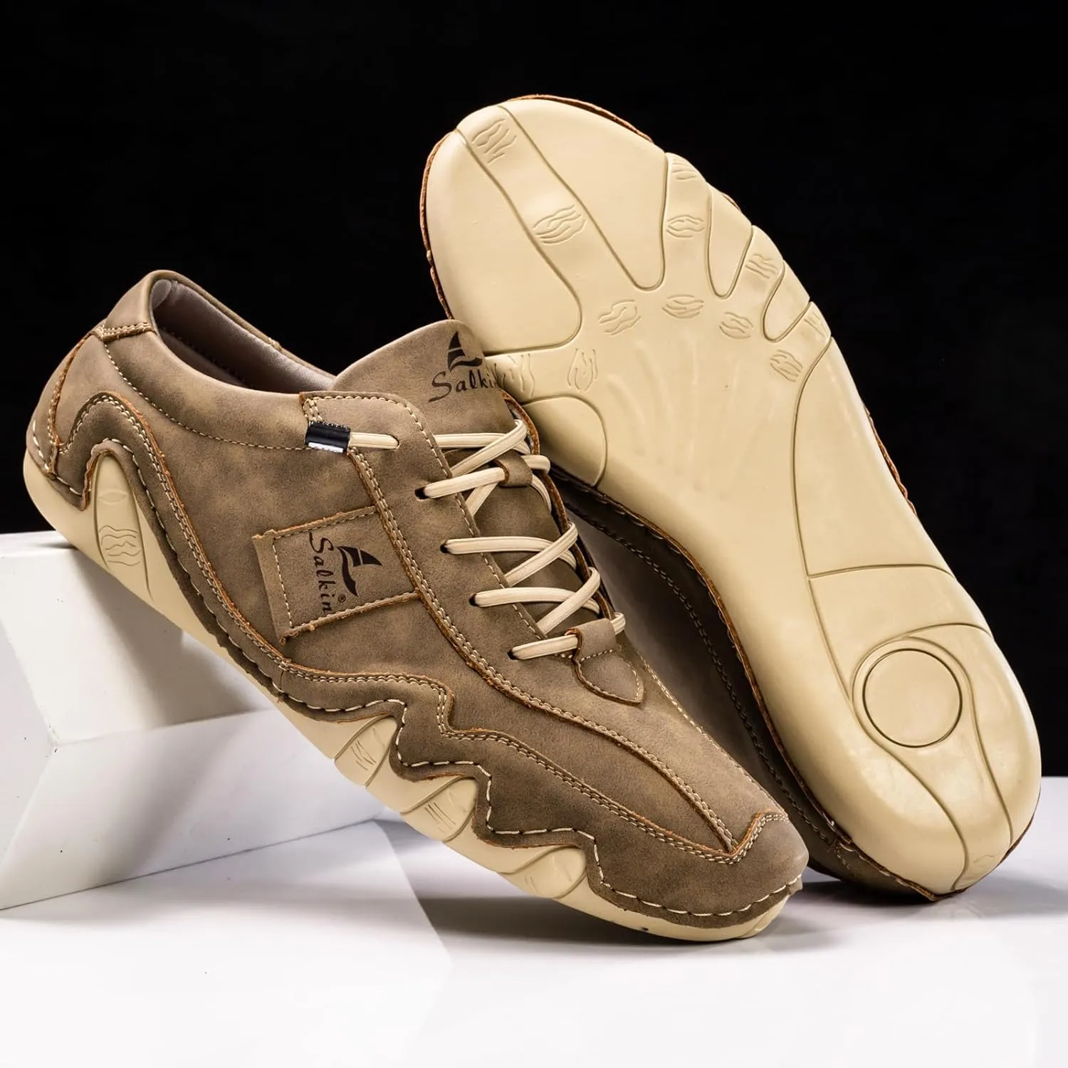 Men's Comfortable Barefoot Walking Shoes Fashion Lightweight Zero Drop Elastic Lace-up Slip-on Casual Driving Shoes