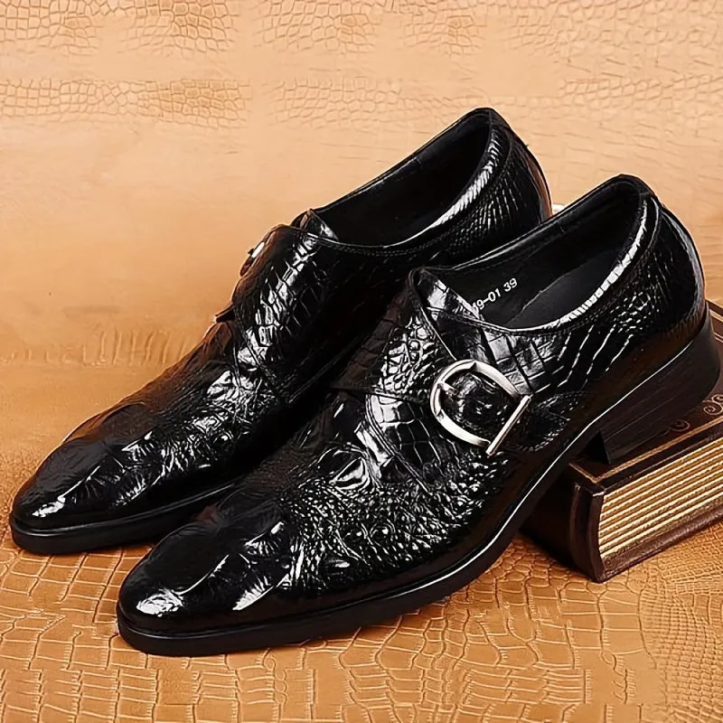 Men's Crocodile Print Pointed Toe Slip-On Loafers - Elegant Red Dress Shoes with Glossy Finish & Metal Buckle, Breathable for Business, Office, Weddings, and Formal Events