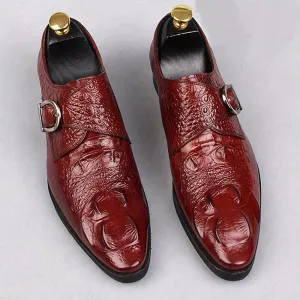 Men's Crocodile Print Pointed Toe Slip-On Loafers - Elegant Red Dress Shoes with Glossy Finish & Metal Buckle, Breathable for Business, Office, Weddings, and Formal Events
