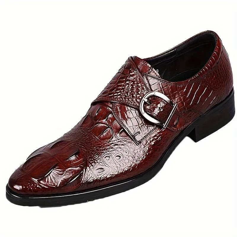 Men's Crocodile Print Pointed Toe Slip-On Loafers - Elegant Red Dress Shoes with Glossy Finish & Metal Buckle, Breathable for Business, Office, Weddings, and Formal Events