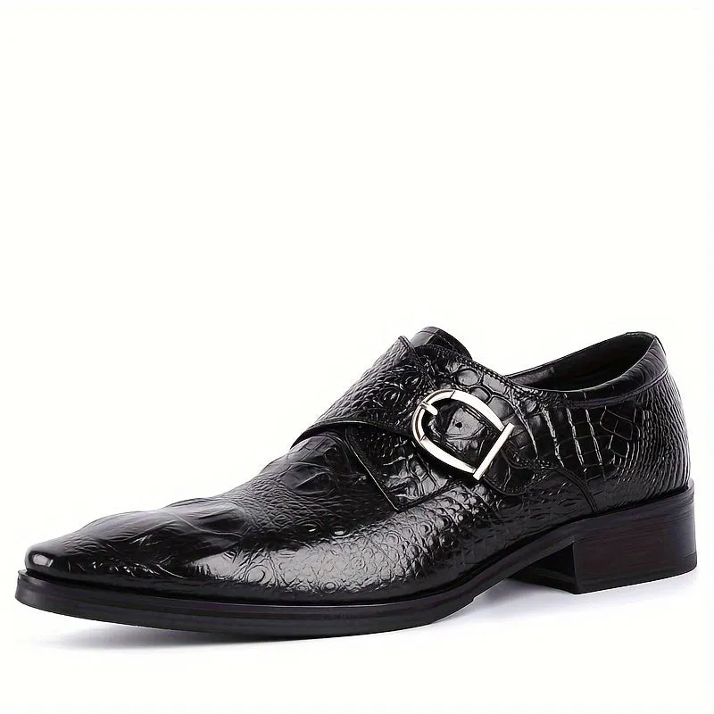 Men's Crocodile Print Pointed Toe Slip-On Loafers - Elegant Red Dress Shoes with Glossy Finish & Metal Buckle, Breathable for Business, Office, Weddings, and Formal Events