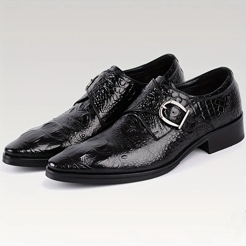 Men's Crocodile Print Pointed Toe Slip-On Loafers - Elegant Red Dress Shoes with Glossy Finish & Metal Buckle, Breathable for Business, Office, Weddings, and Formal Events