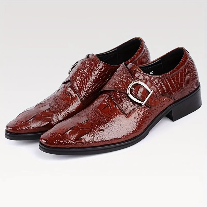 Men's Crocodile Print Pointed Toe Slip-On Loafers - Elegant Red Dress Shoes with Glossy Finish & Metal Buckle, Breathable for Business, Office, Weddings, and Formal Events