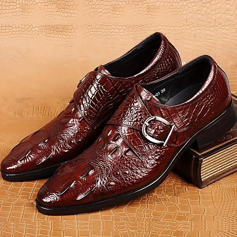Men's Crocodile Print Pointed Toe Slip-On Loafers - Elegant Red Dress Shoes with Glossy Finish & Metal Buckle, Breathable for Business, Office, Weddings, and Formal Events