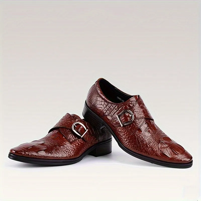 Men's Crocodile Print Pointed Toe Slip-On Loafers - Elegant Red Dress Shoes with Glossy Finish & Metal Buckle, Breathable for Business, Office, Weddings, and Formal Events